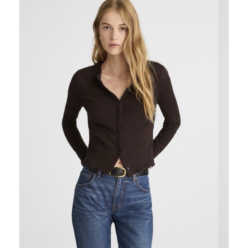 Madewell Womens Ribbed Button Front Cardigan Top Small Brown Lettuce-Hem Preppy